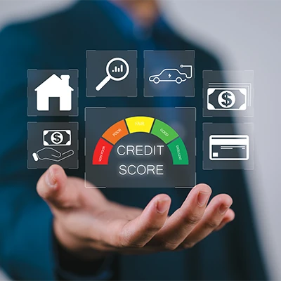 Image shows icons and a credit score hovering over a hand